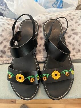 Black Floral Embroidered Slingback Sandals